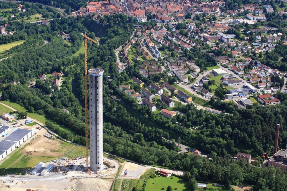 Aerial image Rottweil - Construction and construction site of the ThyssenKrupp testing tower for Speed elevators in Rottweil in Baden - Wuerttemberg. When finished the new landmark of the town of Rottweil will be the tallest structure in Baden-Wuerttemberg