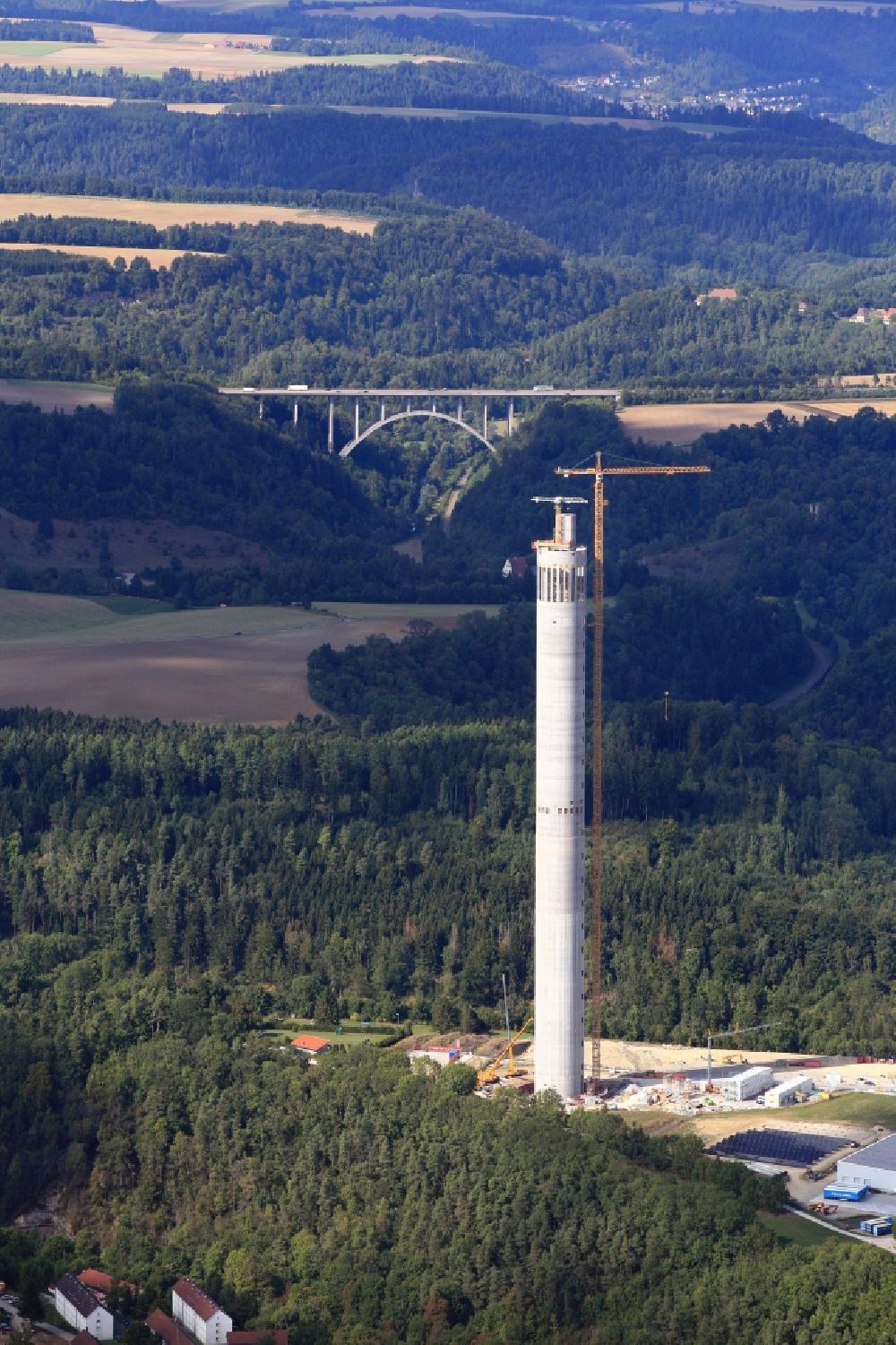 Rottweil from the bird's eye view: Construction and construction site of the ThyssenKrupp testing tower for Speed elevators in Rottweil in Baden - Wuerttemberg. When finished the new landmark of the town of Rottweil will be the tallest structure in Baden-Wuerttemberg