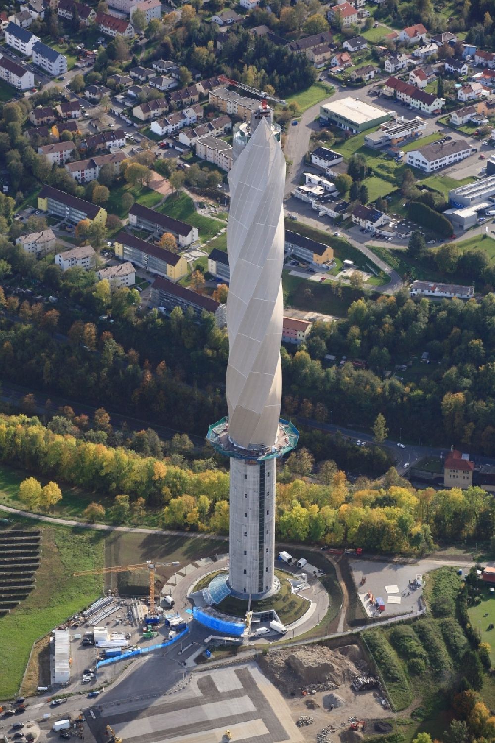 Rottweil from above - Site of the ThyssenKrupp testing tower for Speed elevators in Rottweil in Baden - Wuerttemberg. When finished the new landmark of the town of Rottweil will be the tallest structure in Baden-Wuerttemberg