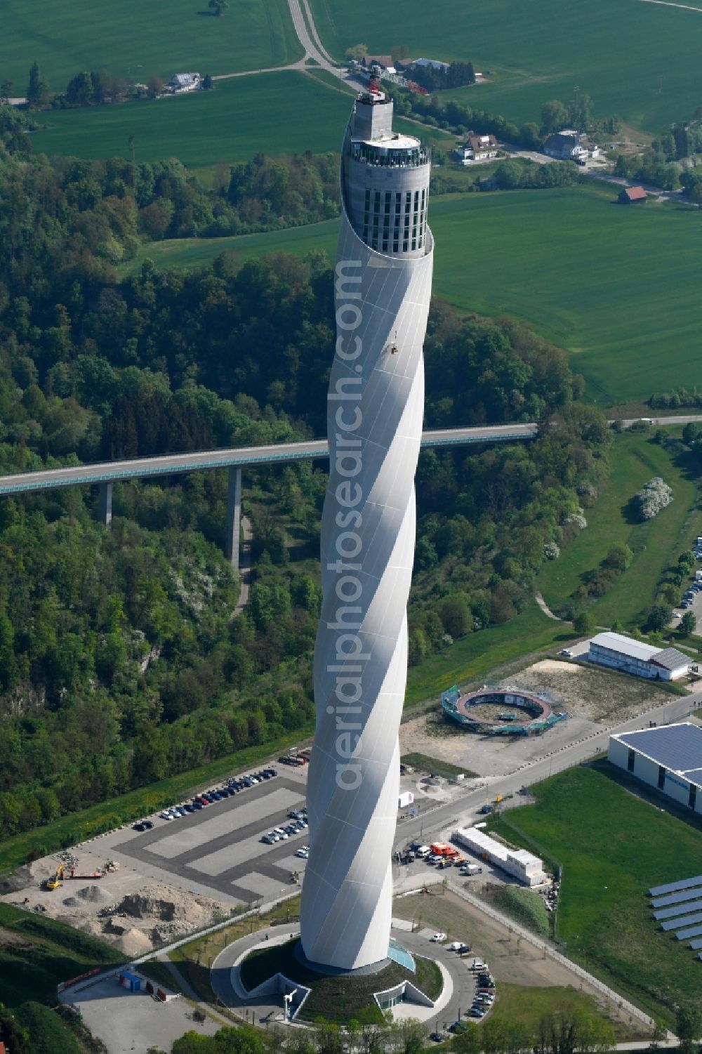 Rottweil from above - Site of the ThyssenKrupp testing tower for Speed elevators in Rottweil in Baden - Wuerttemberg. When finished the new landmark of the town of Rottweil will be the tallest structure in Baden-Wuerttemberg