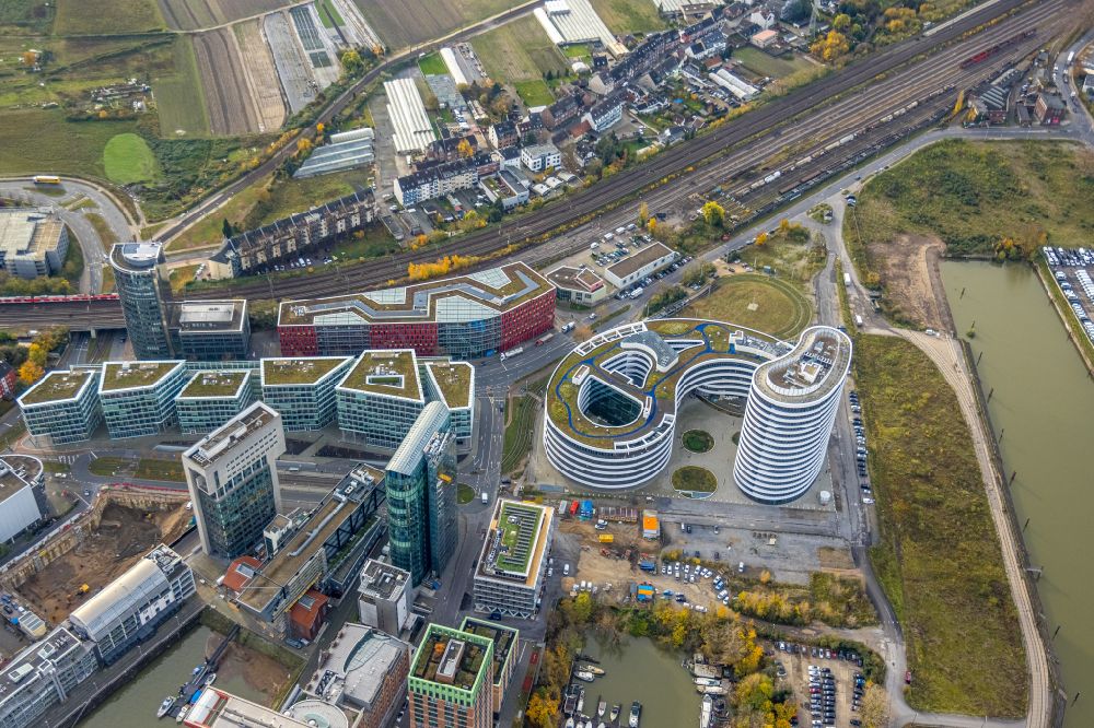 Aerial image Düsseldorf - New building trivago-Zentrale on Kesselstrasse in the district Medienhafen in Duesseldorf at Ruhrgebiet in the state North Rhine-Westphalia