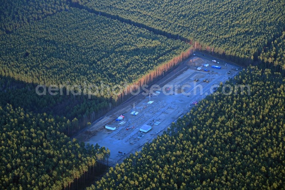 Aerial image Freienbrink - Construction site area for the new construction of the substation for voltage conversion and electrical power supply of Tesla factoryes in Freienbrink in the state Brandenburg, Germany
