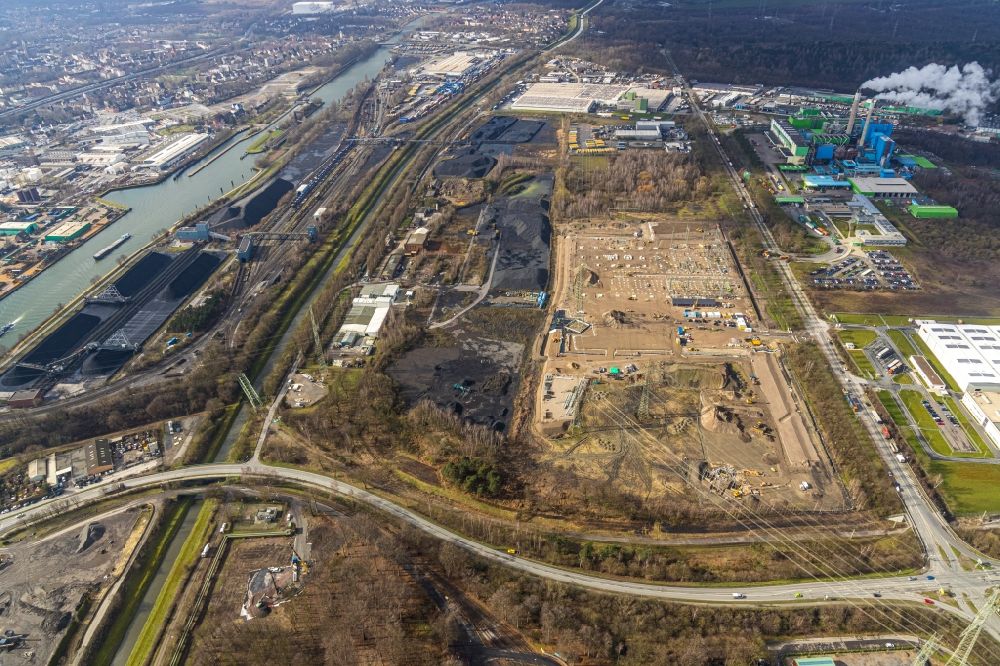 Aerial image Herten - Construction site area for the new construction of the substation for voltage conversion and electrical power supply Im Emscherbruch - Cranger Strasse in Herten in the state North Rhine-Westphalia, Germany