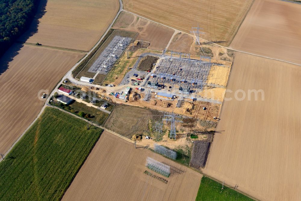 Riedenheim from above - Construction site area for the new construction of the substation for voltage conversion and electrical power supply in Riedenheim in the state Bavaria, Germany
