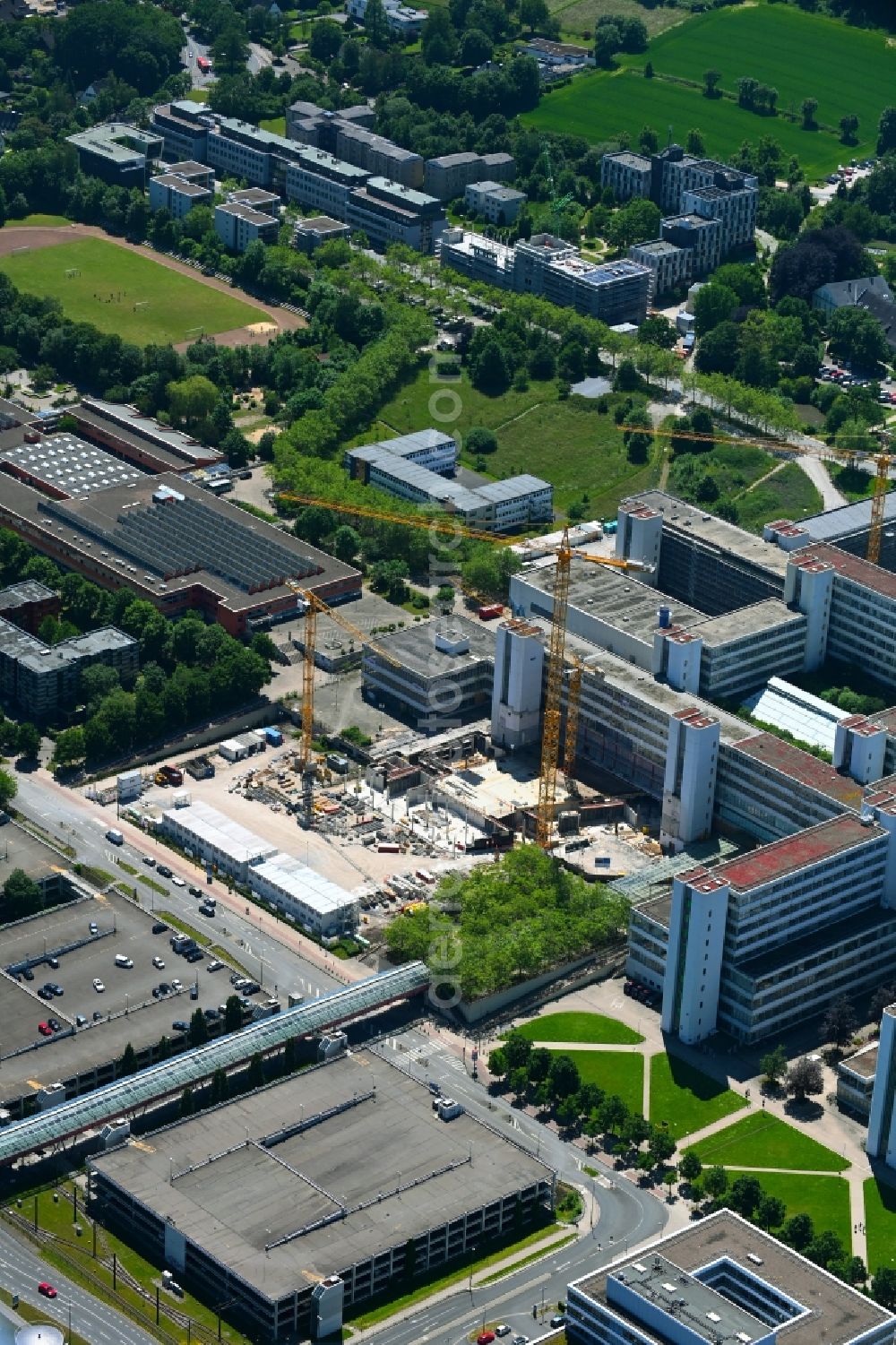 Bielefeld from above - Complementary new construction site on the campus-university building complex in Bielefeld in the state North Rhine-Westphalia, Germany