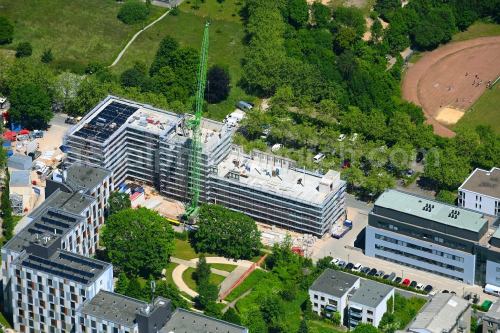 Bielefeld from above - Complementary new construction site on the campus-university building complex of the Universitaet Bielefeld on Morgenbreede in Bielefeld in the state North Rhine-Westphalia, Germany