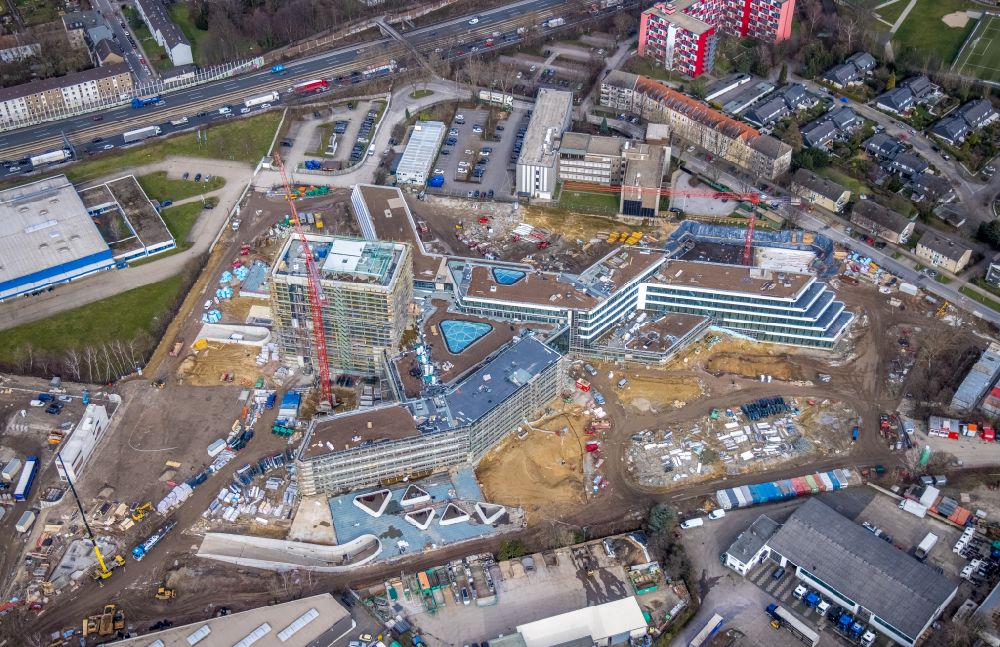Aerial photograph Essen - New construction of the company administration building ALDI-Nord Campus on Eckenbergstrasse in Essen at Ruhrgebiet in the state North Rhine-Westphalia, Germany