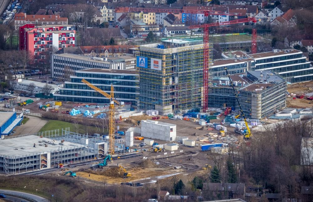 Essen from above - New construction of the company administration building ALDI-Nord Campus on Eckenbergstrasse in Essen at Ruhrgebiet in the state North Rhine-Westphalia, Germany