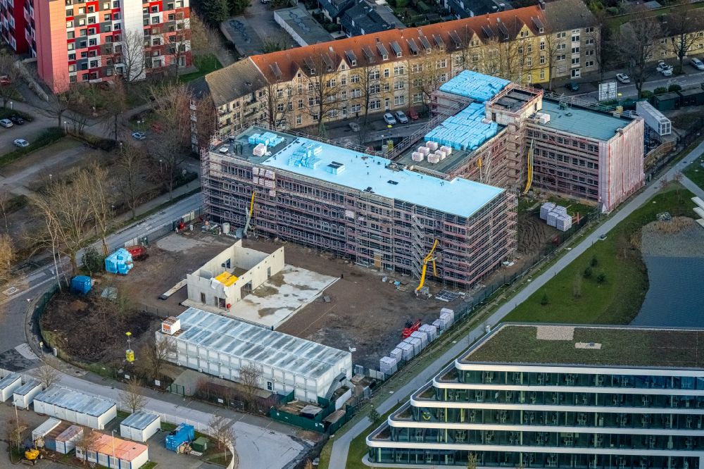 Essen from the bird's eye view: New construction of the company administration building ALDI-Nord Campus on Eckenbergstrasse in Essen at Ruhrgebiet in the state North Rhine-Westphalia, Germany