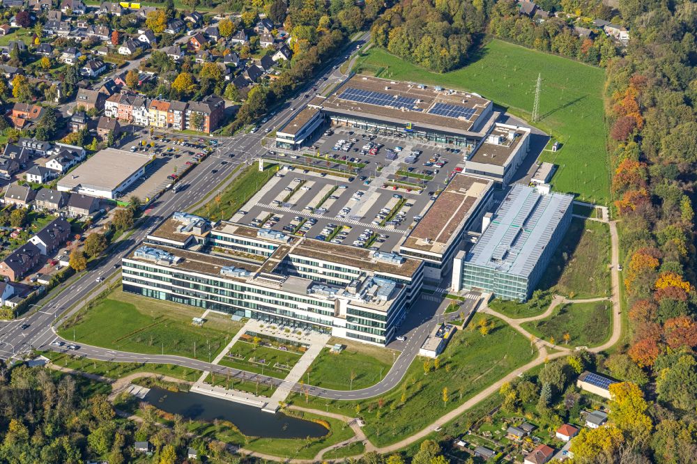 Moers from above - New construction of the company administration building of EDEKA Handelsgesellschaft Rhein-Ruhr mbH on Rheinberger Strasse in the district Repelen in Moers in the state North Rhine-Westphalia, Germany