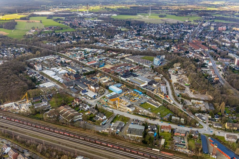 Aerial image Gladbeck - New construction of the company administration building of Emscher Lippe Energie GmbH (ELE) with factorystatt on Moellerstrasse - Karl-Schneiof-Strasse in Gladbeck in the state North Rhine-Westphalia, Germany