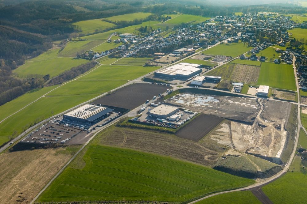 Arnsberg from above - New construction of the company administration building and Logistikzentrums of TRIO Leuchten GmbH on Oststrasse in Vosswinkel in the state North Rhine-Westphalia, Germany