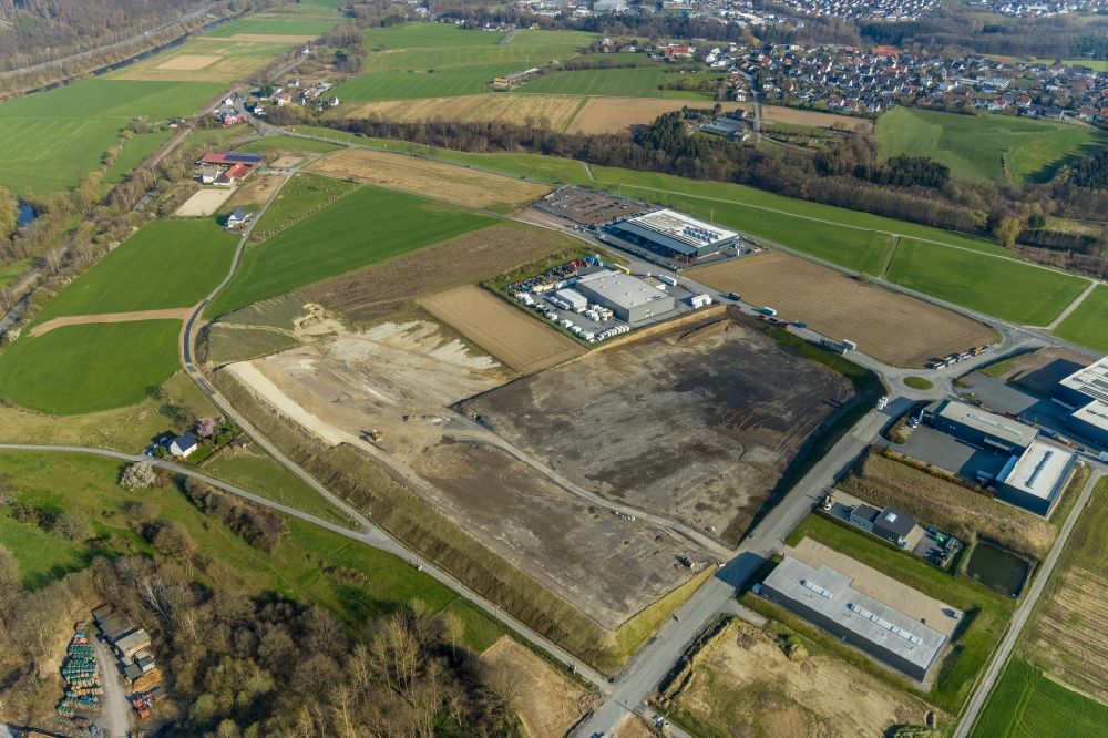Arnsberg from the bird's eye view: New construction of the company administration building and Logistikzentrums of TRIO Leuchten GmbH on Oststrasse in Vosswinkel in the state North Rhine-Westphalia, Germany