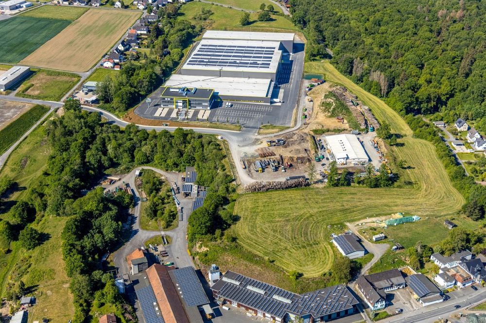 Aerial image Arnsberg - New construction of the company administration building and Logistikzentrums of TRIO Leuchten GmbH on Oststrasse in Vosswinkel in the state North Rhine-Westphalia, Germany