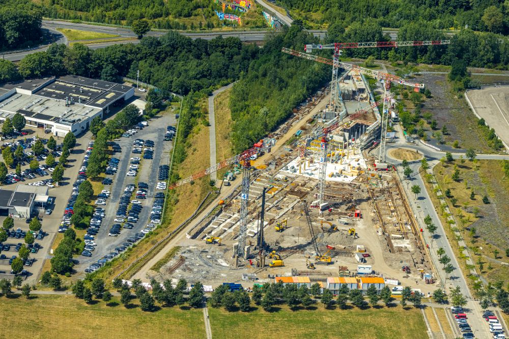 Aerial image Dortmund - New construction of the company administration building of Materna Information & Communications SE on street Robert-Schuman-Strasse in the district Phoenix West in Dortmund at Ruhrgebiet in the state North Rhine-Westphalia, Germany