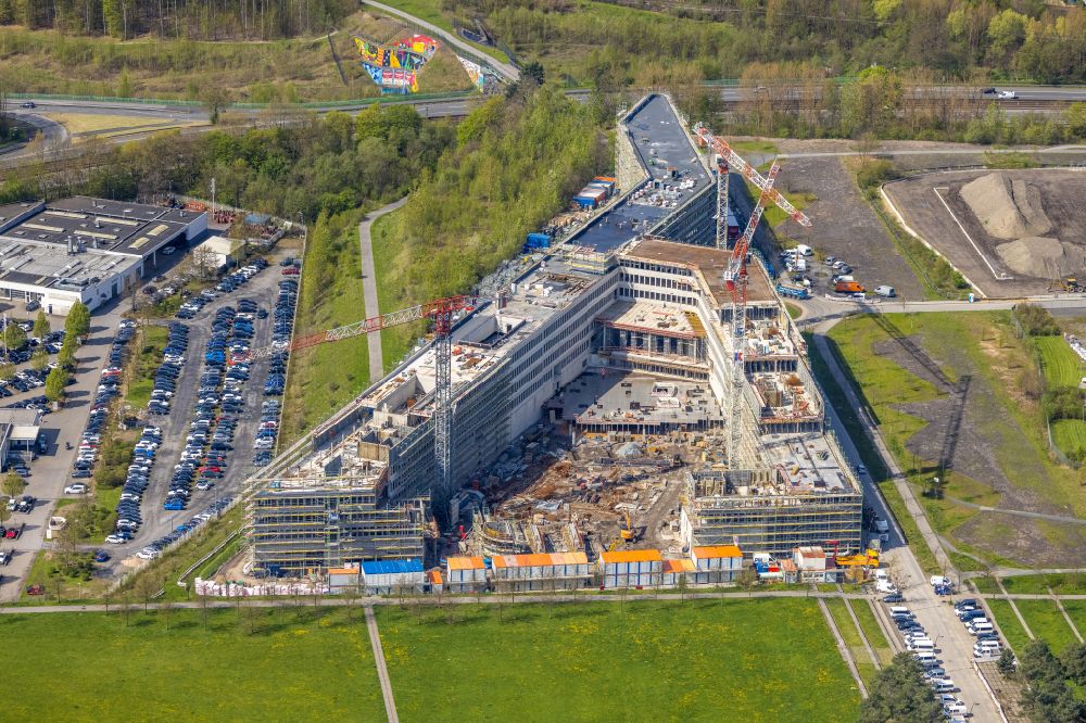 Aerial photograph Dortmund - New construction of the company administration building of Materna Information & Communications SE on street Robert-Schuman-Strasse in the district Phoenix West in Dortmund at Ruhrgebiet in the state North Rhine-Westphalia, Germany