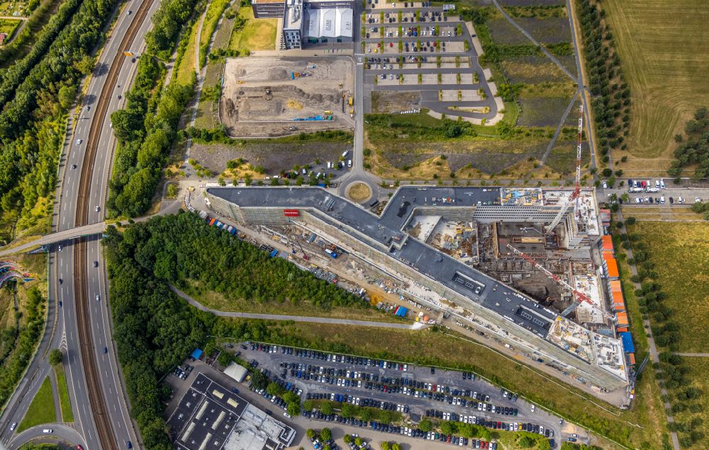 Aerial photograph Dortmund - new construction of the company administration building of Materna Information & Communications SE on street Robert-Schuman-Strasse in the district Phoenix West in Dortmund at Ruhrgebiet in the state North Rhine-Westphalia, Germany
