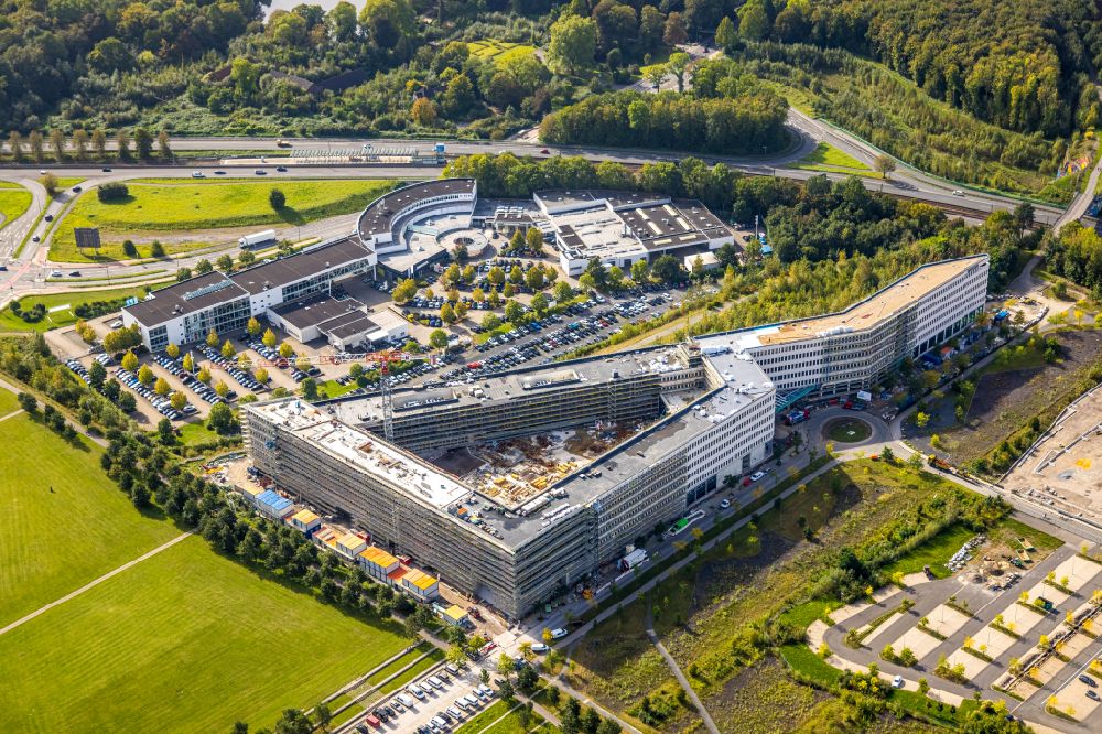 Dortmund from above - New construction of the company administration building of Materna Information & Communications SE on street Robert-Schuman-Strasse in the district Phoenix West in Dortmund at Ruhrgebiet in the state North Rhine-Westphalia, Germany