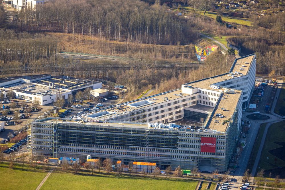 Dortmund from the bird's eye view: New construction of the company administration building of Materna Information & Communications SE on street Robert-Schuman-Strasse in the district Phoenix West in Dortmund at Ruhrgebiet in the state North Rhine-Westphalia, Germany
