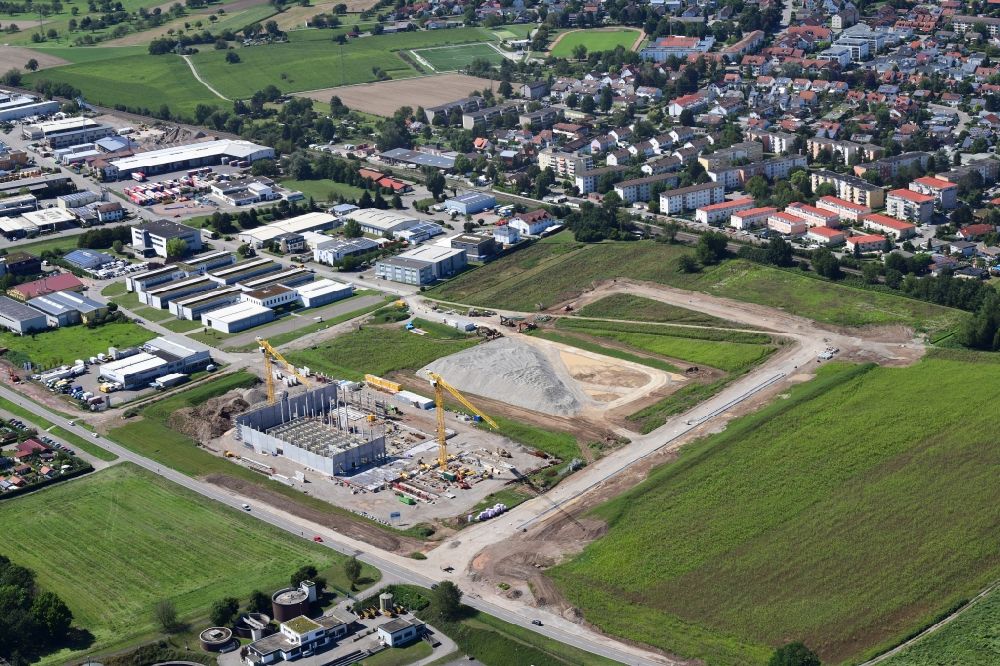 Rheinfelden (Baden) from above - Earthworks for the company administration building of the Pharma Company Thermo Fisher Clinical Services in the district Herten in Rheinfelden (Baden) in the state Baden-Wurttemberg, Germany