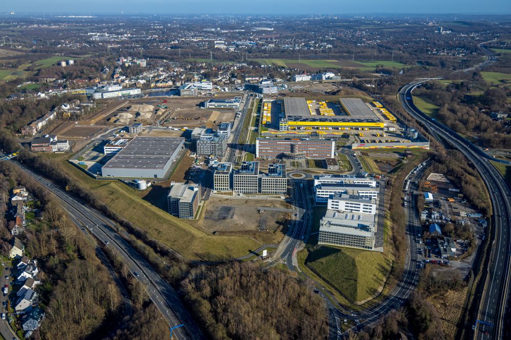Aerial image Bochum - New construction of the company administration building O-Werk on street Suttner-Nobel-Allee in the district Laer in Bochum at Ruhrgebiet in the state North Rhine-Westphalia, Germany