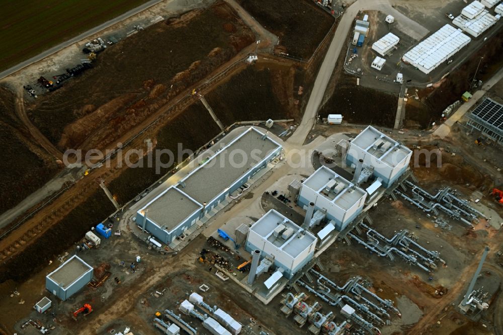 Aerial photograph Rimpar - Construction site for the construction of a new compressor stadium and pumping station for natural gas transport in the pipeline in Rimpar in the state Bavaria, Germany