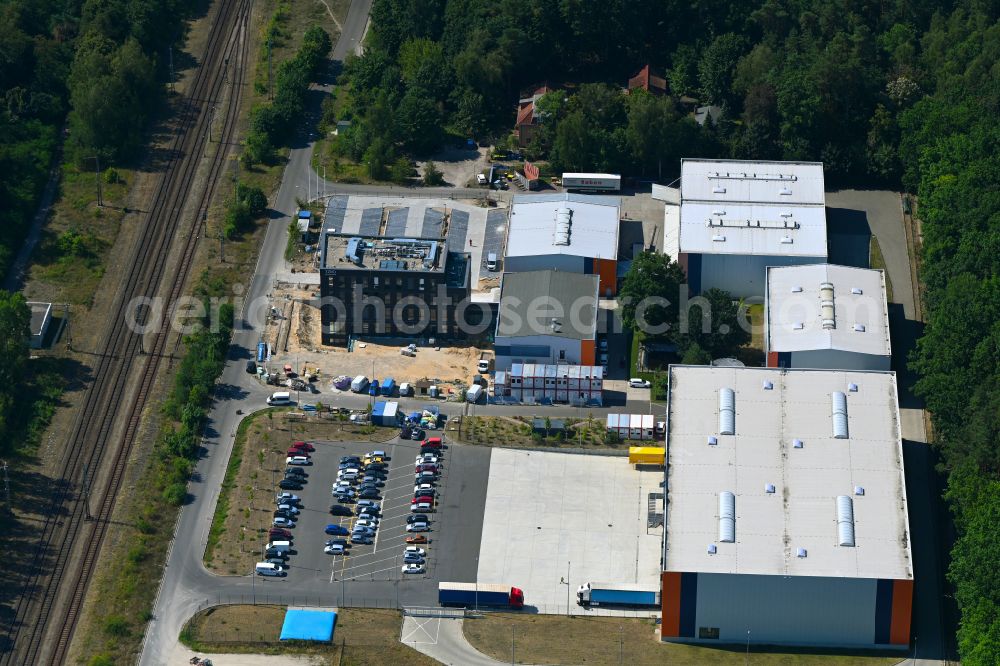 Biesenthal from the bird's eye view: Construction site of banking administration building of the financial services company TZMO Deutschland in Biesenthal in the state Brandenburg, Germany