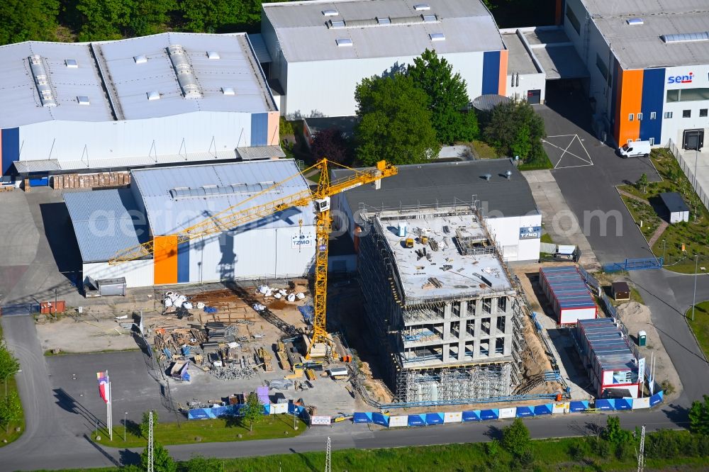 Biesenthal from the bird's eye view: Construction site of banking administration building of the financial services company TZMO Deutschland in Biesenthal in the state Brandenburg, Germany