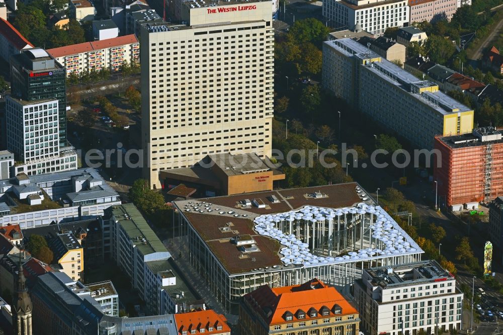 Aerial image Leipzig - Banking administration building of the financial services company SAB - Forum - Saechsische Aufbaubank in Leipzig in the state Saxony, Germany