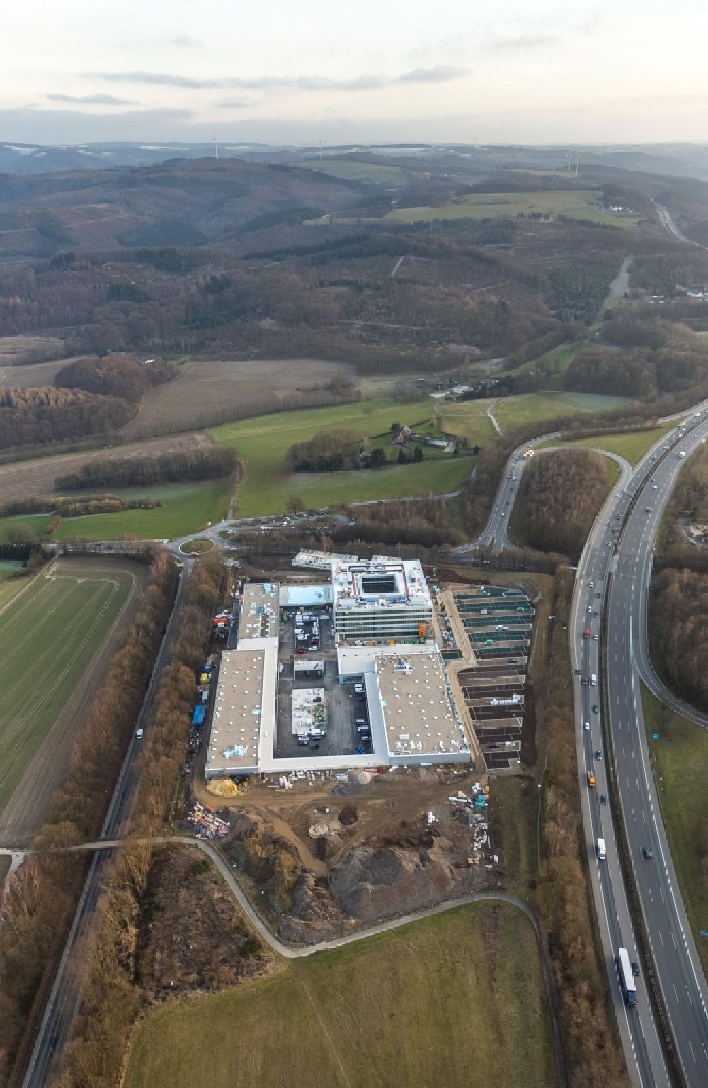 Hagen from above - Construction site of administration building of the company ENERVIE - Suedwestfalen Energie und Wasser AG on Platz der Impulse in the district Herbeck in Hagen in the state North Rhine-Westphalia