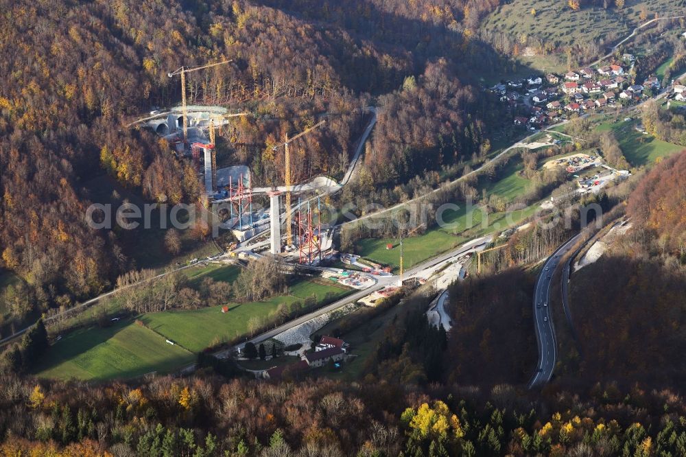 Mühlhausen im Täle from the bird's eye view: New construction site viaduct of the railway bridge construction Filstalbruecke in Muehlhausen im Taele in the state Baden-Wuerttemberg, Germany