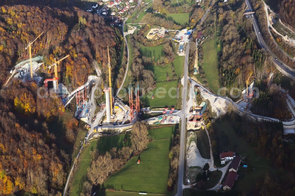 Aerial image Mühlhausen im Täle - New construction site viaduct of the railway bridge construction Filstalbruecke in Muehlhausen im Taele in the state Baden-Wuerttemberg, Germany