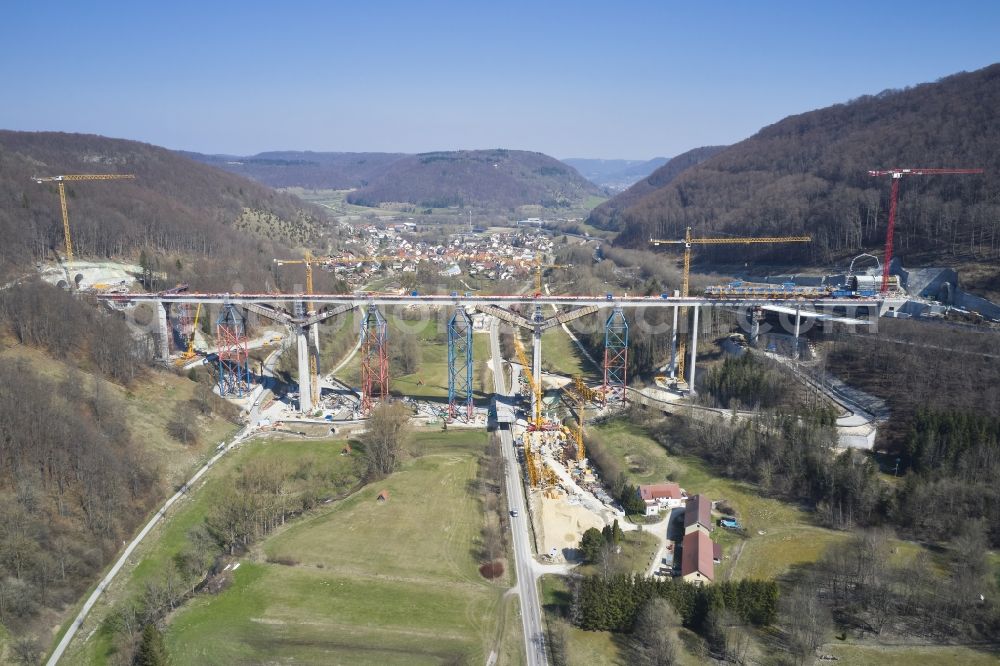 Aerial photograph Mühlhausen im Täle - New construction site viaduct of the railway bridge construction Filstalbruecke in Muehlhausen im Taele in the state Baden-Wuerttemberg, Germany