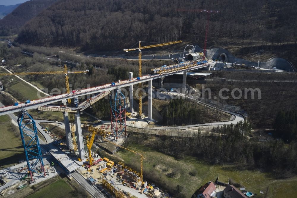 Aerial photograph Mühlhausen im Täle - New construction site viaduct of the railway bridge construction Filstalbruecke in Muehlhausen im Taele in the state Baden-Wuerttemberg, Germany
