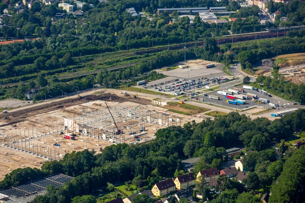 Dortmund from the bird's eye view: Construction of a new distribution center and logistics complex on the Opel -Gelaende in Langendreer in Bochum in North Rhine -Westphalia