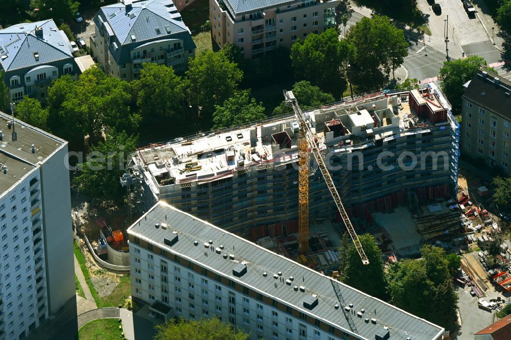 Dresden from the bird's eye view: Construction site for a new residential and commercial building on Fetscherstrasse in the district of Johannstadt in Dresden in the state Saxony, Germany