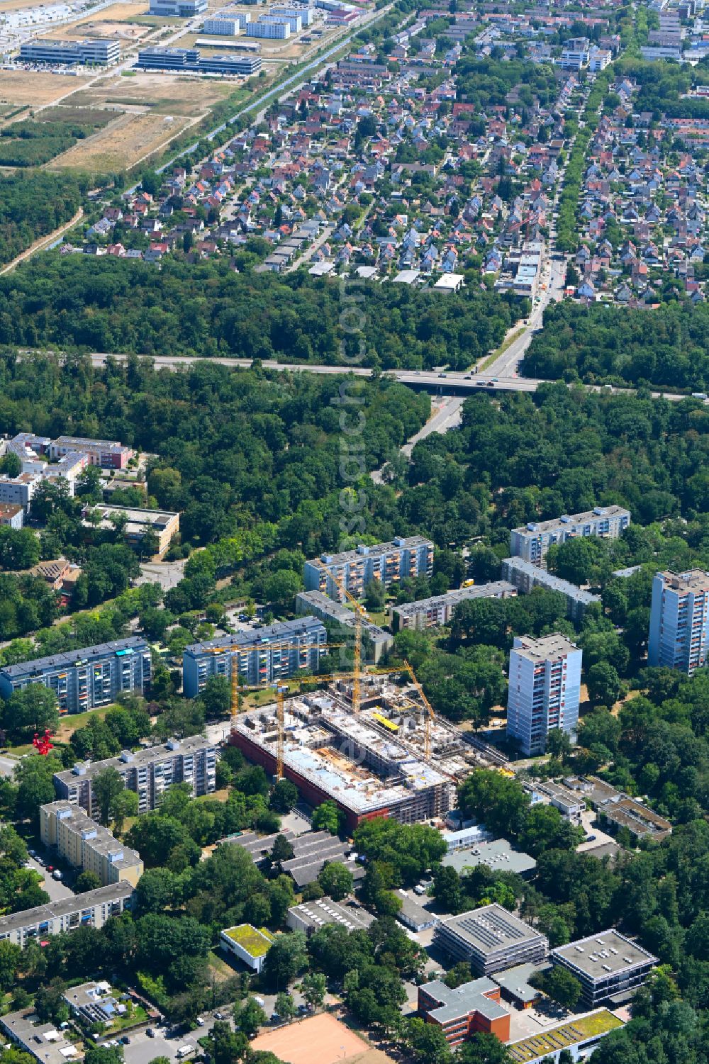 Freiburg im Breisgau from above - New construction of a residential and commercial building on Auenwaldstrasse in the district Landwasser in Freiburg im Breisgau in the state Baden-Wuerttemberg, Germany