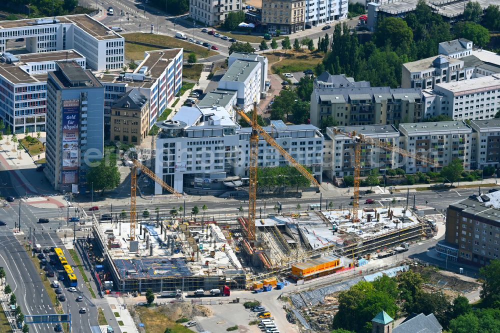 Chemnitz from the bird's eye view: New construction of a residential and commercial building Bahnhofstrasse corner Augustusburger Strasse in the district Zentrum in Chemnitz in the state Saxony, Germany