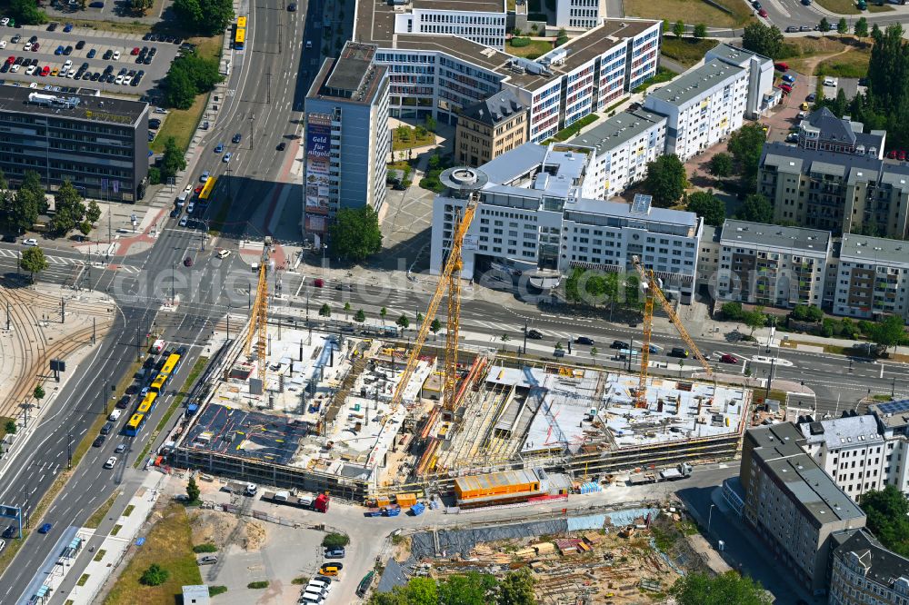 Chemnitz from the bird's eye view: New construction of a residential and commercial building Bahnhofstrasse corner Augustusburger Strasse in the district Zentrum in Chemnitz in the state Saxony, Germany