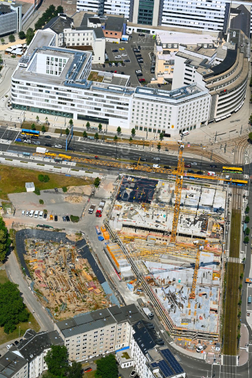 Aerial photograph Chemnitz - New construction of a residential and commercial building Bahnhofstrasse corner Augustusburger Strasse in the district Zentrum in Chemnitz in the state Saxony, Germany