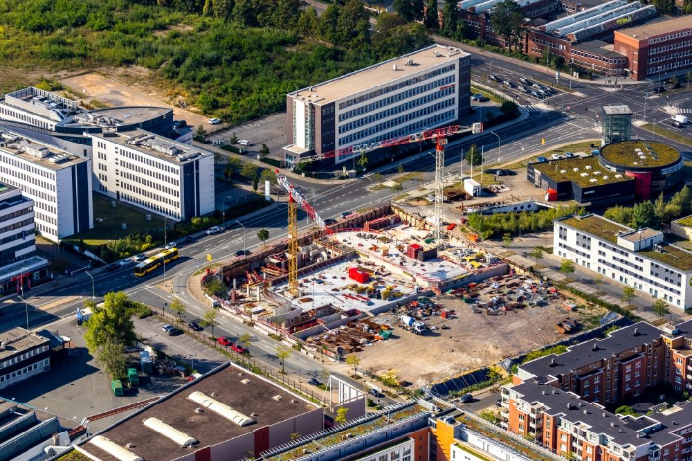 Aerial photograph Essen - New construction of a residential and commercial building with office space on Kurt-Jooss-Strasse corner Frohnhauser Strasse in the district Westviertel in Essen in the state North Rhine-Westphalia, Germany