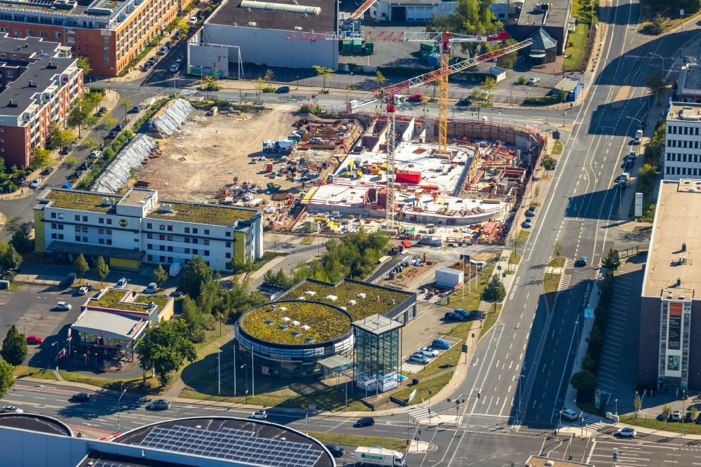 Essen from above - New construction of a residential and commercial building with office space on Kurt-Jooss-Strasse corner Frohnhauser Strasse in the district Westviertel in Essen in the state North Rhine-Westphalia, Germany