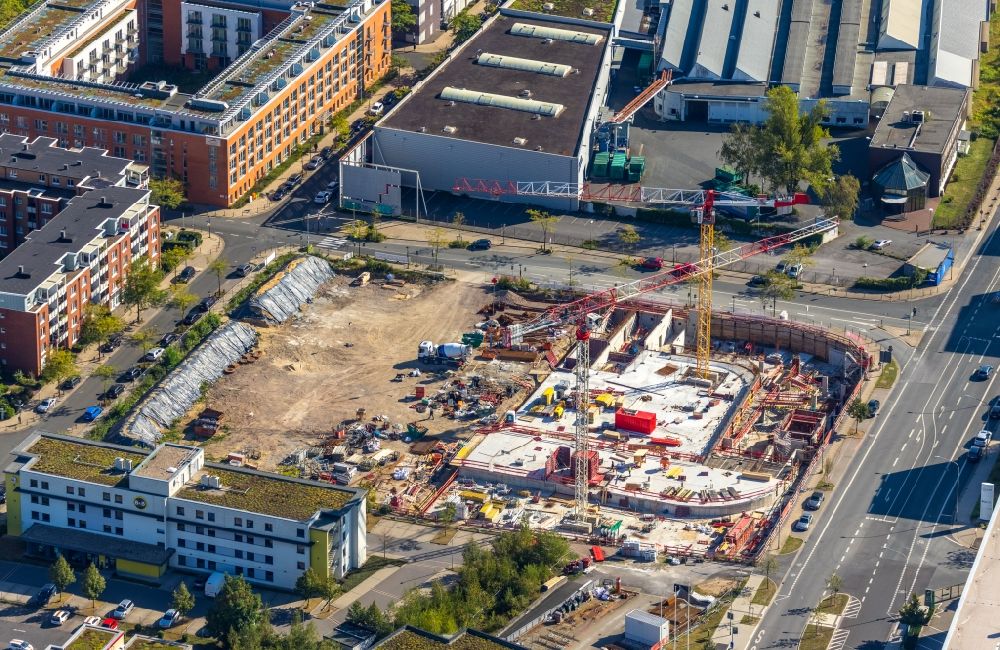 Essen from the bird's eye view: New construction of a residential and commercial building with office space on Kurt-Jooss-Strasse corner Frohnhauser Strasse in the district Westviertel in Essen in the state North Rhine-Westphalia, Germany