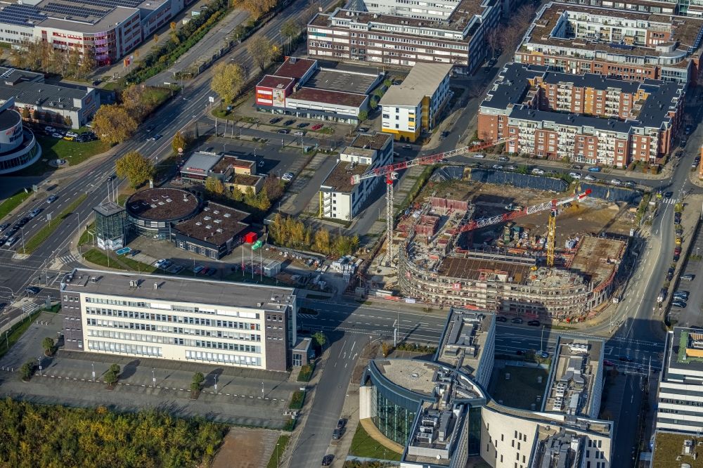 Essen from the bird's eye view: New construction of a residential and commercial building with office space on Kurt-Jooss-Strasse corner Frohnhauser Strasse in the district Westviertel in Essen in the state North Rhine-Westphalia, Germany