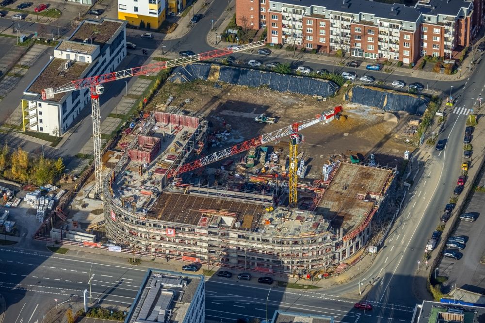 Aerial image Essen - New construction of a residential and commercial building with office space on Kurt-Jooss-Strasse corner Frohnhauser Strasse in the district Westviertel in Essen in the state North Rhine-Westphalia, Germany