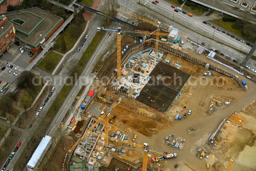 Hamburg from the bird's eye view: Construction site to build a new residential and commercial complex Ipanema on Ueberseering in the Winterhude district of Hamburg, Germany