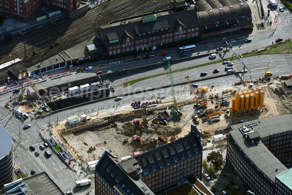 Hamburg from above - Construction site for the construction of a multi-family residential and commercial building Johannis-Kontor in the old town in Hamburg, Germany