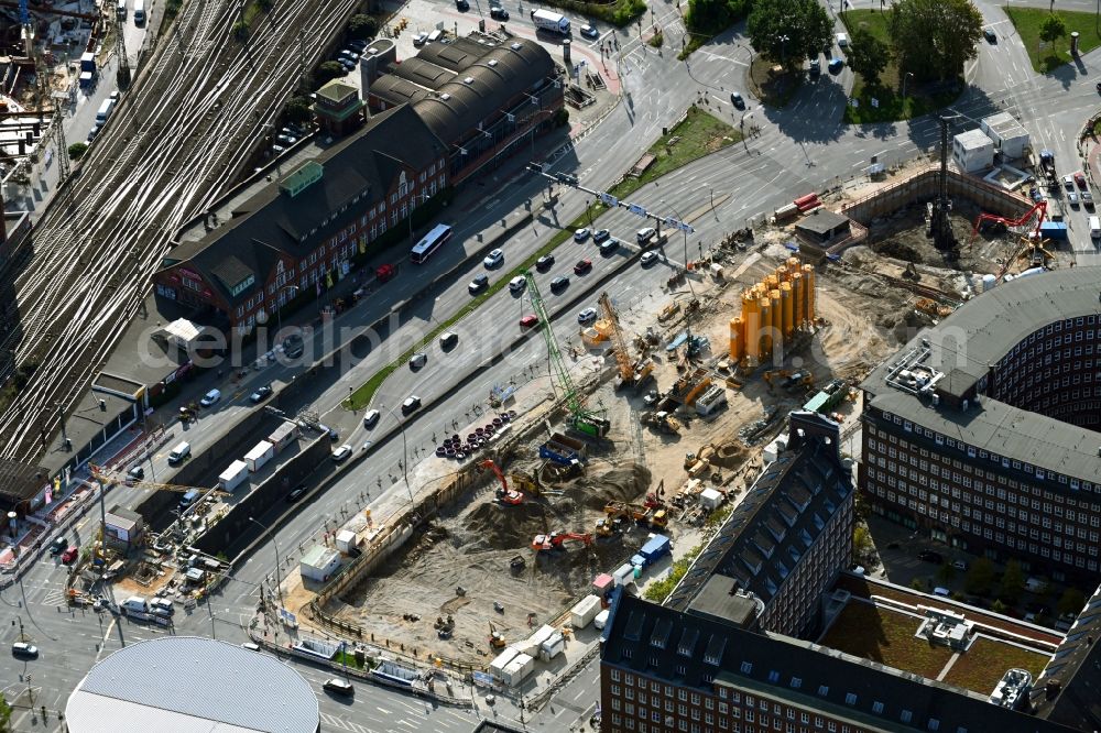 Hamburg from the bird's eye view: Construction site for the construction of a multi-family residential and commercial building Johannis-Kontor in the old town in Hamburg, Germany