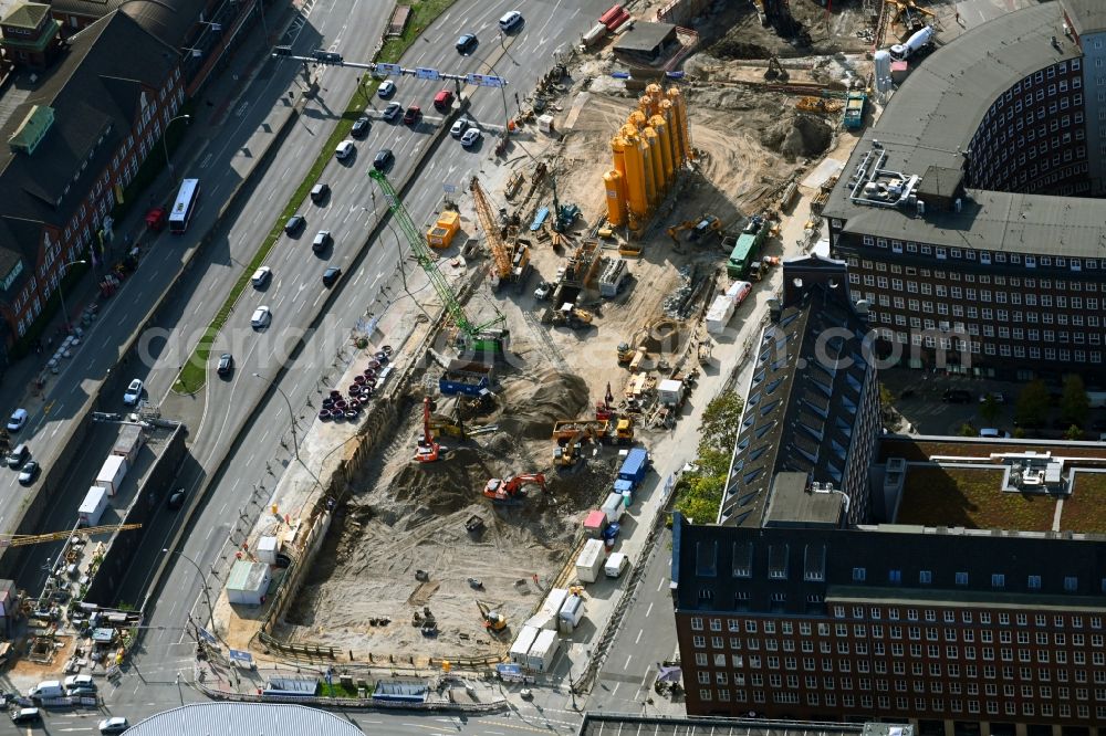 Aerial image Hamburg - Construction site for the construction of a multi-family residential and commercial building Johannis-Kontor in the old town in Hamburg, Germany