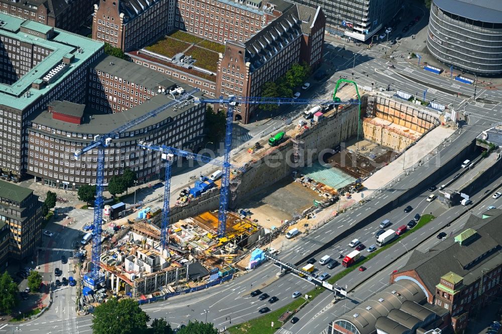 Aerial image Hamburg - Construction site for the construction of a multi-family residential and commercial building Johannis-Kontor at Deichtorplatz in the old town in Hamburg, Germany